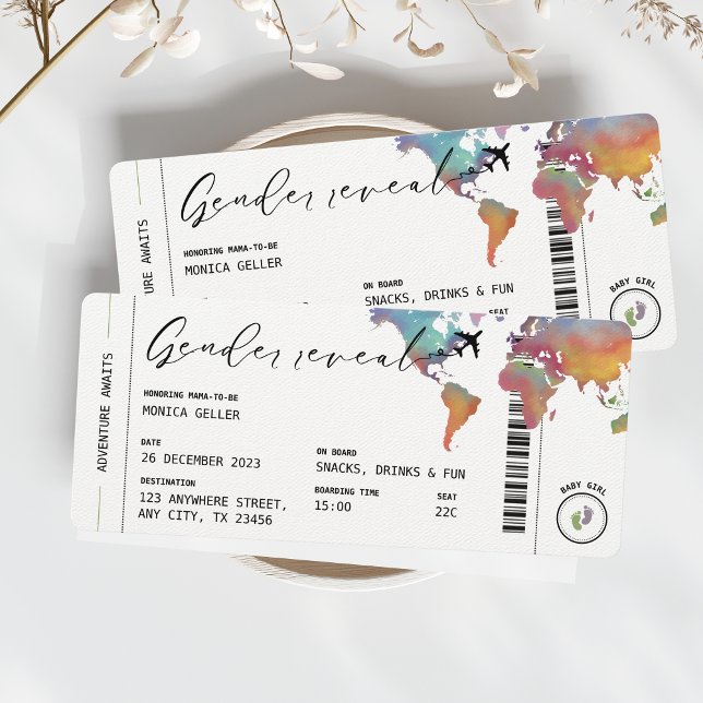Boarding Pass Gender Reveal Watercolor Travel Einladung (Gender Reveal Boarding Pass Watercolor Travel Aesthetic Unique Invitation Boy or Girl)