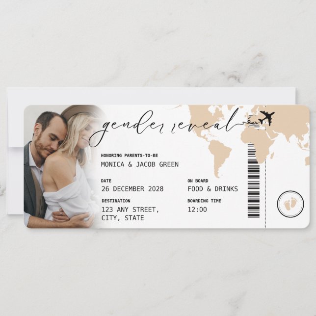 Boarding Pass Geschlecht offenbaren Beige neutrale Einladung (Vorderseite)