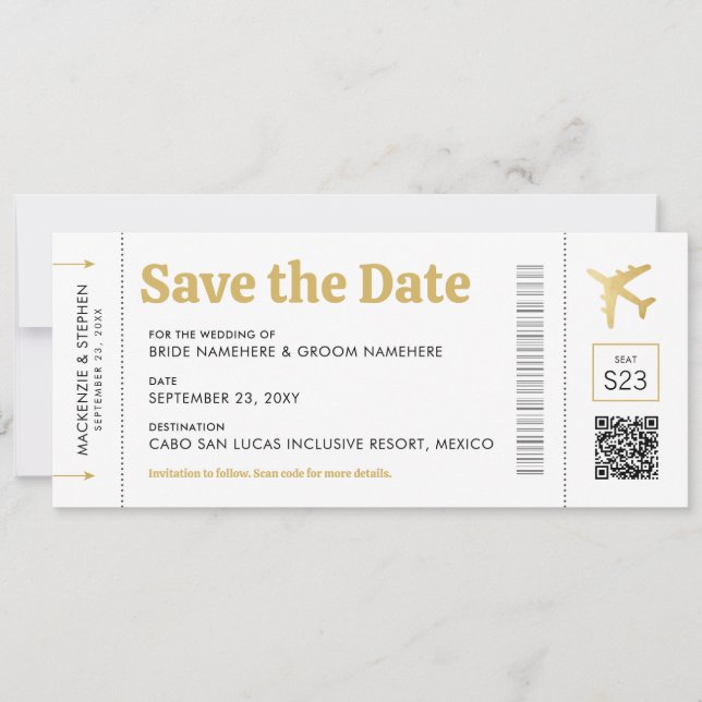 Boarding Pass Gold Hochzeit in Urlaubsort Save The Date (Vorderseite)