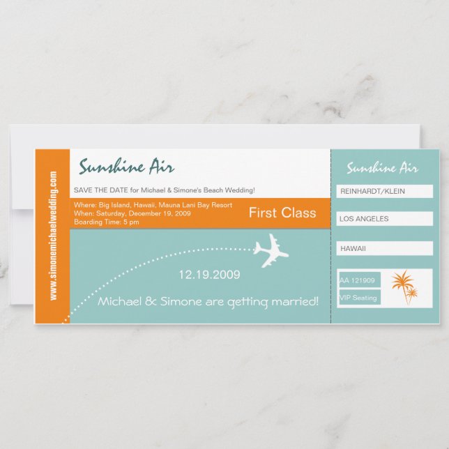 Boarding Pass Hochzeit Einladung grün orange (Vorderseite)