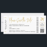 Boarding Pass Hochzeit in Urlaubsort Elegante Save The Date<br><div class="desc">Die Chic Elegant and Modern Boarding Pass Save the Date Card für eine Hochzeit in Urlaubsort in der ganzen Welt verfügt über ein luxuriöses Goldflugzeug aus Imitat mit einem Herzenslokomo und authentischen Details wie Bar, Sitzbelegung und individuellem QR Code, mit dem Sie Ihre eigene Hochzeitswebsite verbinden können. Auf der Rückseite...</div>