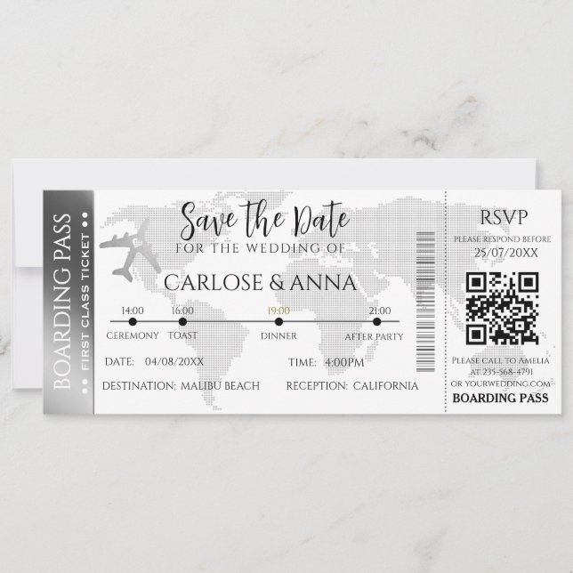 Boarding Pass Hochzeit in Urlaubsort QR-Code Einladung (Vorderseite)