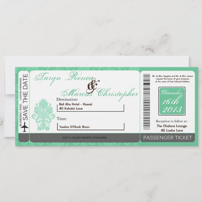 Boarding Pass Linen Hochzeit Einladung Damaskenmin (Vorderseite)