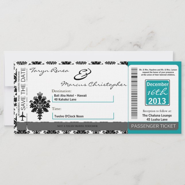 Boarding Pass Linen Hochzeit Einladung Schwarz Aqu (Vorderseite)