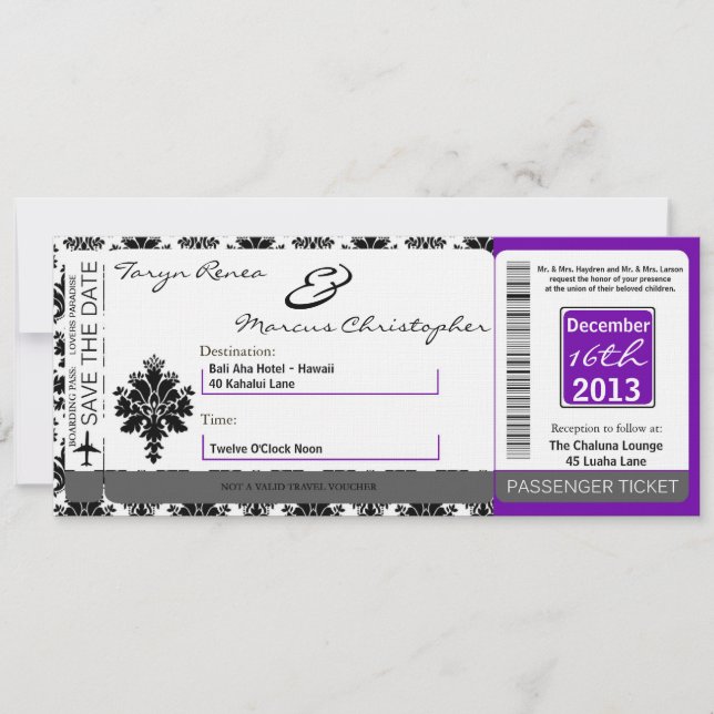 Boarding Pass Linen Wedding Invitation Black Purpl Einladung (Vorderseite)