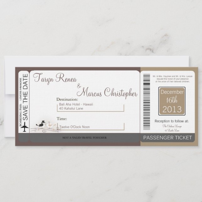 Boarding Pass Linen Weditation Bird Couple Einladung (Vorderseite)