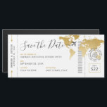 Boarding Pass Magnet Save the Date Goldkarte<br><div class="desc">Magnetic Boarding Pass Save the Date Card für einen Hochzeit in Urlaubsort- oder Reisemagazin Empfang mit einer Imitat Goldweltkarte, romantisches Flugzeug mit einem Herz-Hochzeitslogo und personalisiertes Hochzeitspass-Briefmarke-Design mit Ihren Namen, Hochzeitstermin und Ort. Die Vorlage hat Schriftart, Text und Farben, die bearbeitet werden können, sodass Sie Ihre Reise Thema Flugzeug Ticket...</div>