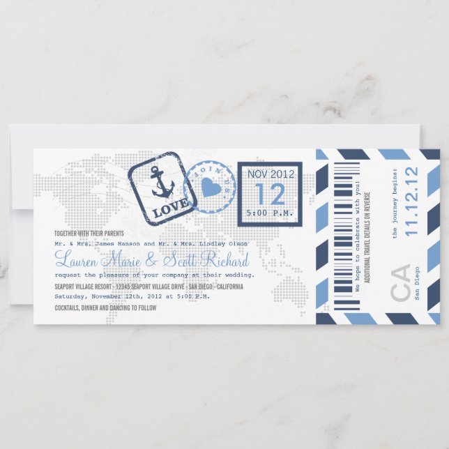 Boarding Pass Nautical Airmail Ticket Einladung (Vorderseite)