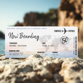 Boarding Pass Ocean Sunset 50. Geburtstagsparty Einladung