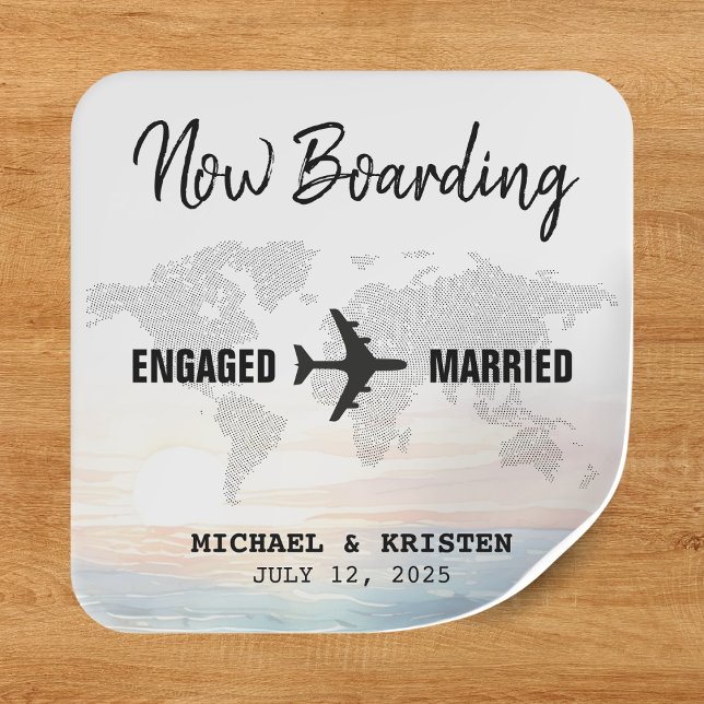 Boarding Pass Ocean Sunset Hochzeit in Urlaubsort Quadratischer Aufkleber (Boarding Pass Ocean Sunset Destination Wedding Square Sticker
)