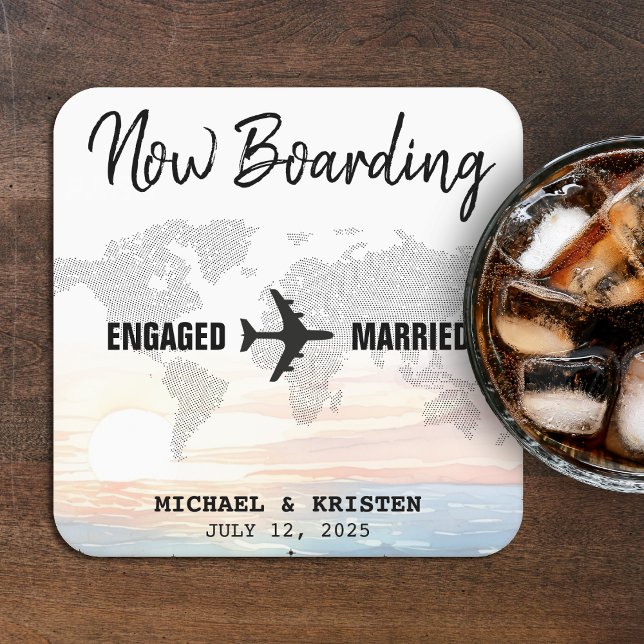 Boarding Pass Ocean Sunset Hochzeit in Urlaubsort Rechteckiger Pappuntersetzer (Boarding Pass Ocean Sunset Destination Wedding Square Paper Coaster
)