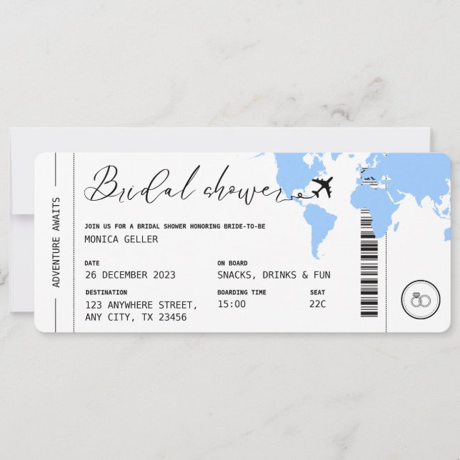 Boarding Pass Reisen Brautparty Baby Blue Einladung (Vorderseite)