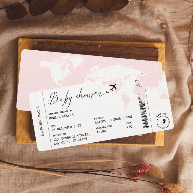 Boarding Pass Reisen Moderne Pink Girl Babydusche Einladung (Von Creator hochgeladen)