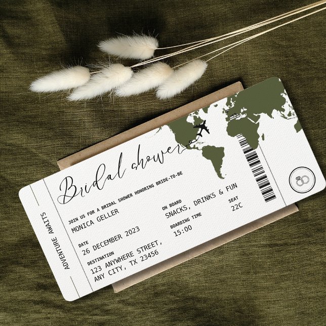 Boarding Pass Reisen Themenwelt Brautparty Olivenö Einladung (Bridal Shower Boarding Pass Olive Green Modern Unique Travel Themed)