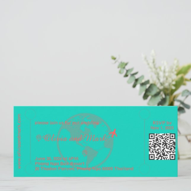 Boarding Pass RSVP Card - Aquamarin & korallen | t Einladung (Stehend Vorderseite)
