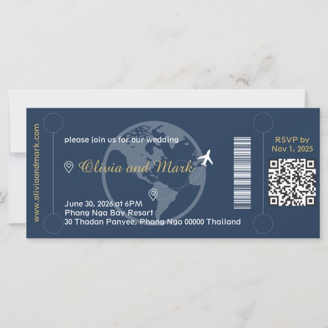Boarding Pass RSVP Card - Navy & Gold (Vorderseite)