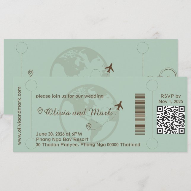 Boarding Pass RSVP Card - Sage & Beige Einladung (Vorne/Hinten)