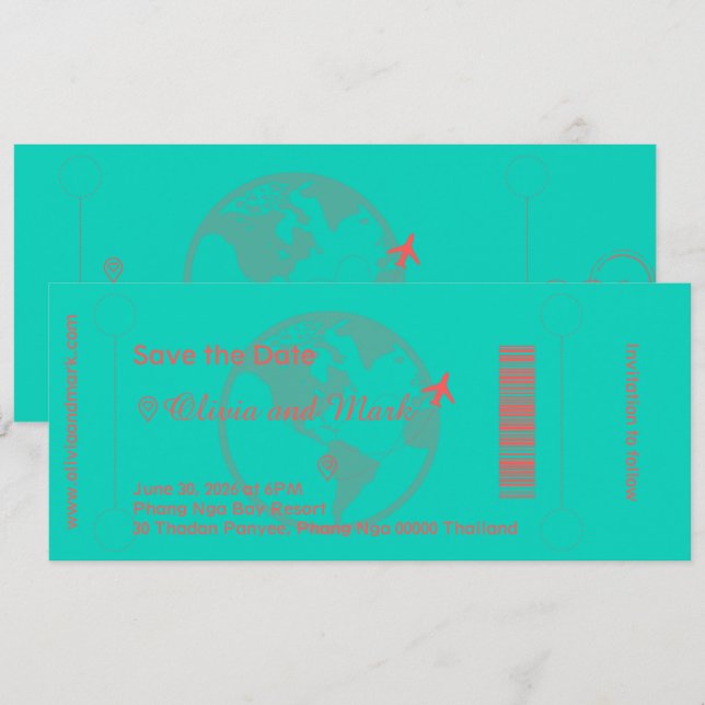 Boarding Pass Save the Date - Aquamarin & Korallen Einladung (Vorne/Hinten)