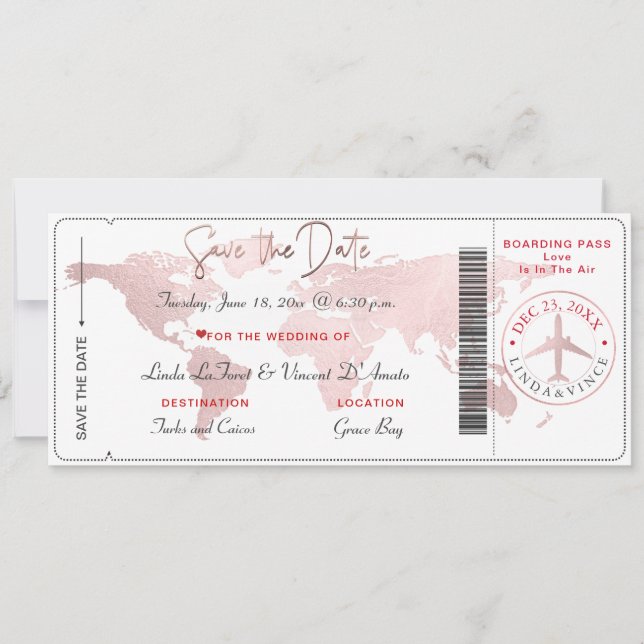 Boarding Pass Save the Date, Blush World Map Einladung (Vorderseite)