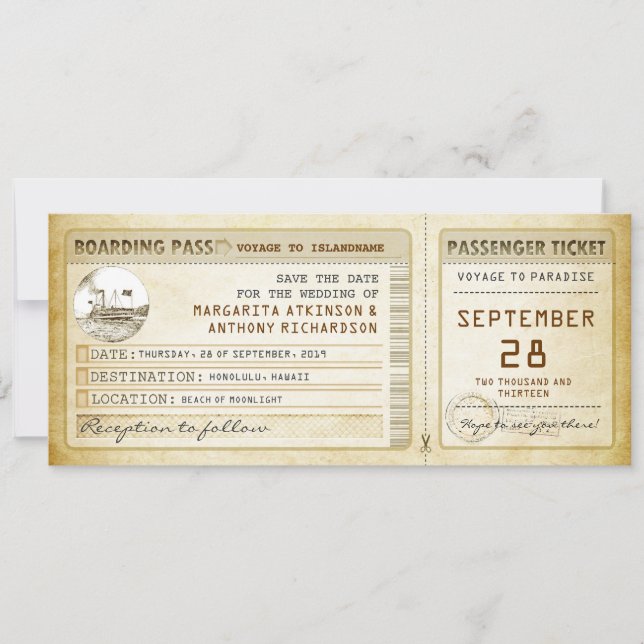 Boarding Pass Save the Date Fahrkarten mit Schiff (Vorderseite)