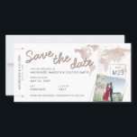 Boarding Pass Save the Date Foto Tan Weltkarte<br><div class="desc">Boarding Pass Save the Date Card mit einer eleganten, neutralen, bräunlichen Weltkarte in Aquarellfarben, modernen boho Schriftart und 2 Fotos mit abstrakten geometrischen Rändern um sie herum. Sie können diese Vorlage verwenden, um Ihre eigene Zeitangabe für die Hochzeit in Urlaubsort des Reisethemas zu erstellen, das Design wie besehen verlassen oder...</div>