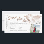 Boarding Pass Save the Date Foto Tan Weltkarte<br><div class="desc">Boarding Pass Save the Date Card mit einer eleganten, neutralen, bräunlichen Weltkarte in Aquarellfarben, modernen boho Schriftart und 2 Fotos mit abstrakten geometrischen Rändern um sie herum. Sie können diese Vorlage verwenden, um Ihre eigene Zeitangabe für die Hochzeit in Urlaubsort des Reisethemas zu erstellen, das Design wie besehen verlassen oder...</div>