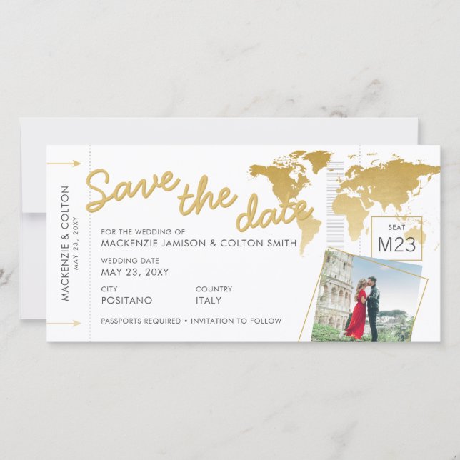 Boarding Pass Save the Date Foto Weltkarte Gold (Vorderseite)