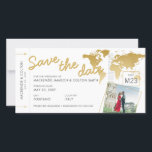 Boarding Pass Save the Date Foto Weltkarte Gold<br><div class="desc">Boarding Pass Save the Date Card mit einer eleganten Weltkarte aus Imitaten, modernen bohhellen Schriftart und 2 Fotos mit abstrakten geometrischen Rändern um sie herum. Sie können diese Vorlage verwenden, um Ihre eigene Zeitangabe für die Hochzeit in Urlaubsort des Reisethemas zu erstellen, das Design wie besehen verlassen oder sich mit...</div>