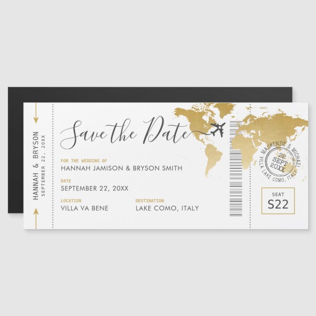 Boarding Pass Save the Date Goldkarte  Magneteinladung (Vorne/Hinten)