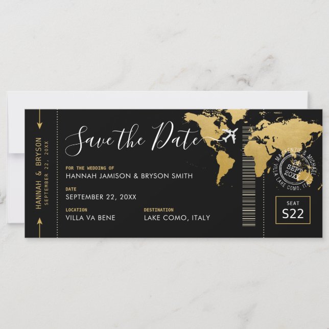 Boarding Pass Save the Date Schwarze Weltkarte Einladung (Vorderseite)