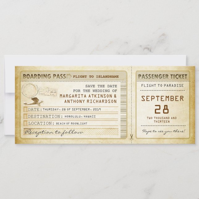 Boarding Pass Save the Date Tickets mit Flugzeug (Vorderseite)