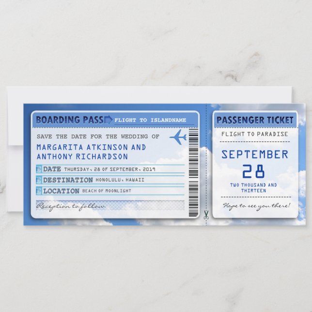 Boarding Pass Save the Date Tickets mit Himmelswol (Vorderseite)