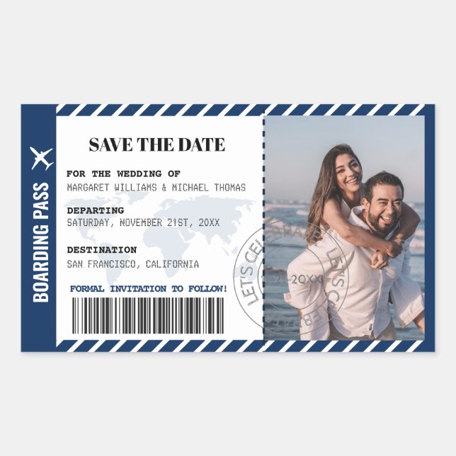 Boarding Pass Save the Date World Map Ticket Rechteckiger Aufkleber (Vorderseite)