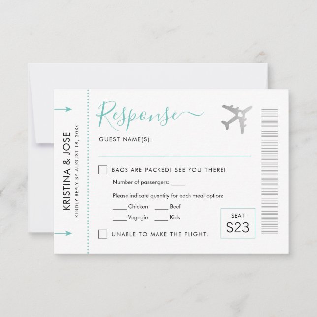 Boarding Pass Silver Flugzeug Ticket Zielort RSVP Karte (Vorderseite)