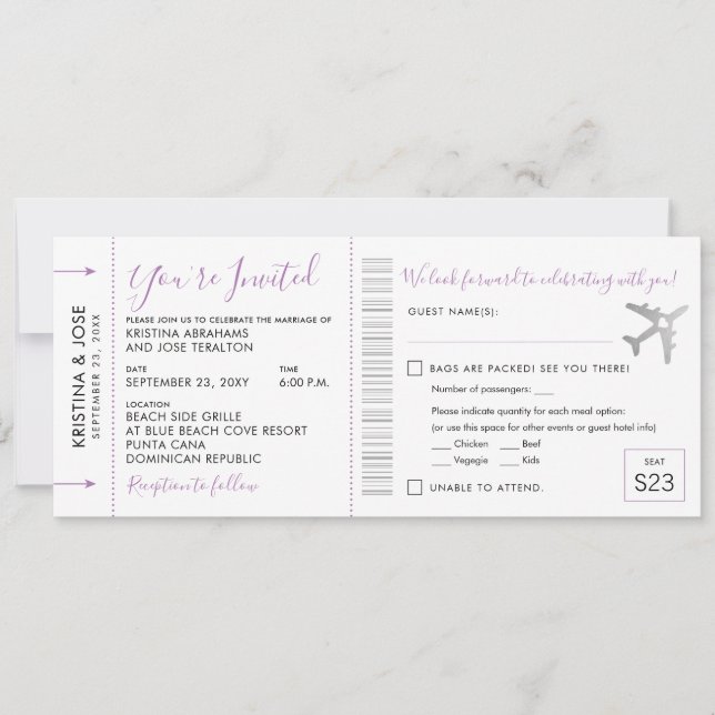 Boarding Pass Ticket All-In-One Einladung Lilac (Vorderseite)