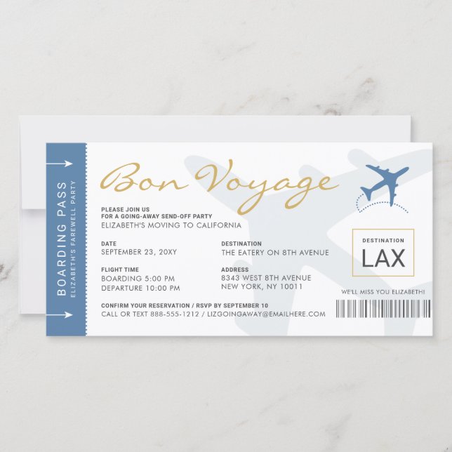Boarding Pass Ticket Bon Voyage Party Einladung (Vorderseite)
