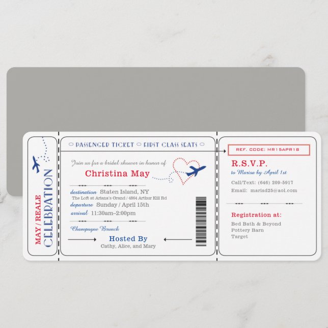 Boarding Pass Ticket Brautparty Einladung Red Blue (Vorne/Hinten)