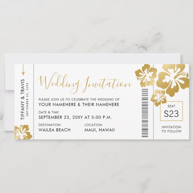 Boarding Pass Ticket Gold Hibiskus Hawaii Wedding Einladung (Vorderseite)
