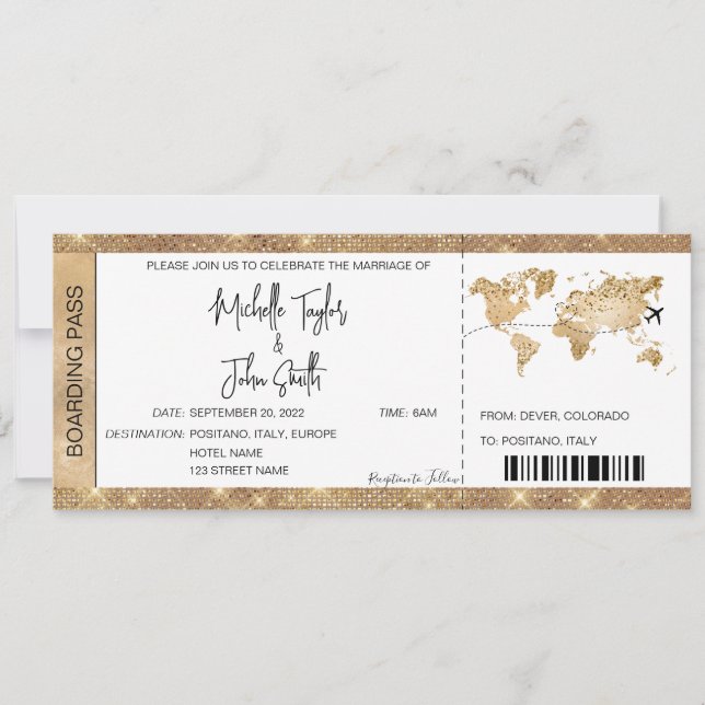 Boarding Pass Ticket Hochzeit in Urlaubsort Gold P Einladung (Vorderseite)