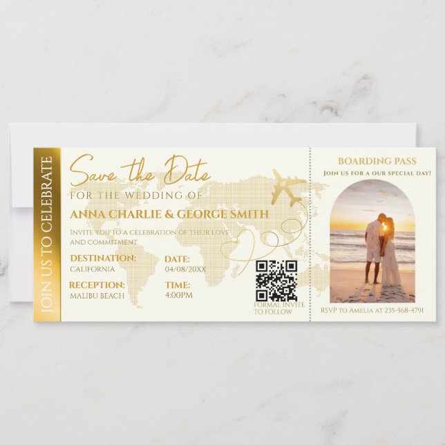 Boarding Pass Ticket mit Foto Hochzeit Einladung (Vorderseite)