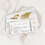 Boarding Pass Ticket Save the Date Gold Flugzeug C Ankündigung<br><div class="desc">Boarding Pass Save the Date Airplane Ticket Cards mit elegantem, modernem Design mit einem Imitat-Goldfolie-Flugzeug mit Herzzentrum, in Schwarz und Gold dargestellt, aber alle Texte, Linien und Hintergrundfarben sind editierbar, sodass Sie Ihr eigenes Design mit dieser Vorlage für einen modernen Vintagen Boarding Pass erstellen können, der mit einer Hochzeit in...</div>