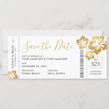 Boarding Pass Ticket Save the Date Gold Hibiskus