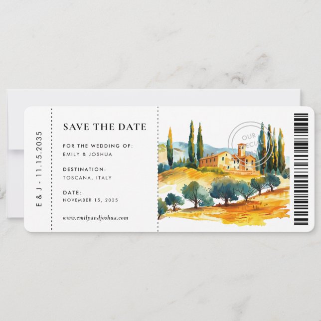 Boarding Pass Toscana Italien Hochzeit retten Datu Save The Date (Vorderseite)