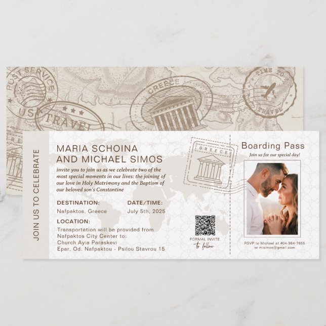 Boarding Pass Wedding & Baptisse Griechenland Neu Einladung (Vorne/Hinten)