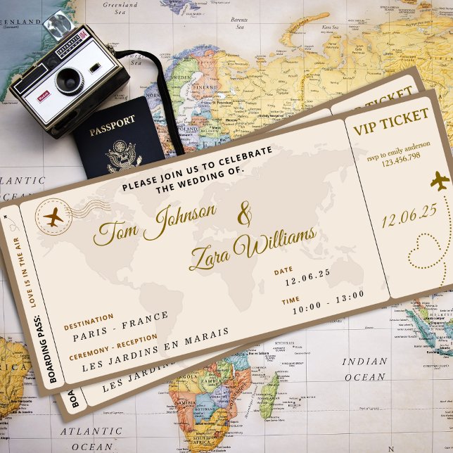 Boarding Pass Wedding VIP Flugticket Beige Einladung (Fake Ticket Boarding Pass Travel Themed Gift Invitation)