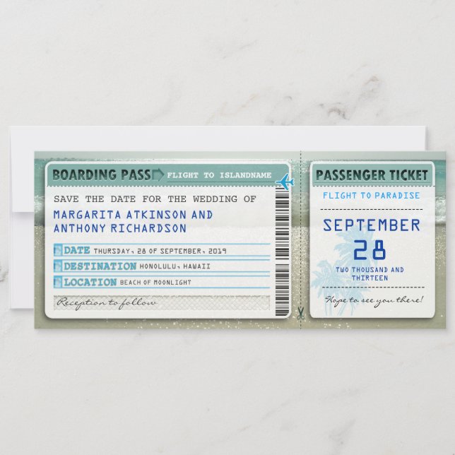 Boarding passieren Save the Date Tickets mit Meere (Vorderseite)