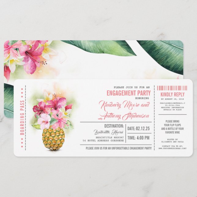 Boarding-Ticket-Engagement-Party für Ananas Einladung (Vorne/Hinten)