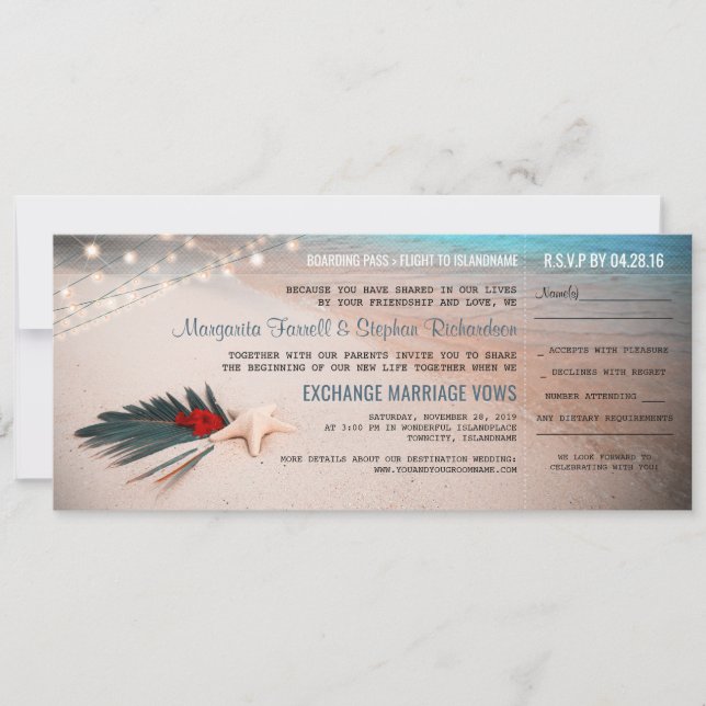 Boarding-Ticket für Beach Hochzeit in Urlaubsort Einladung (Vorderseite)