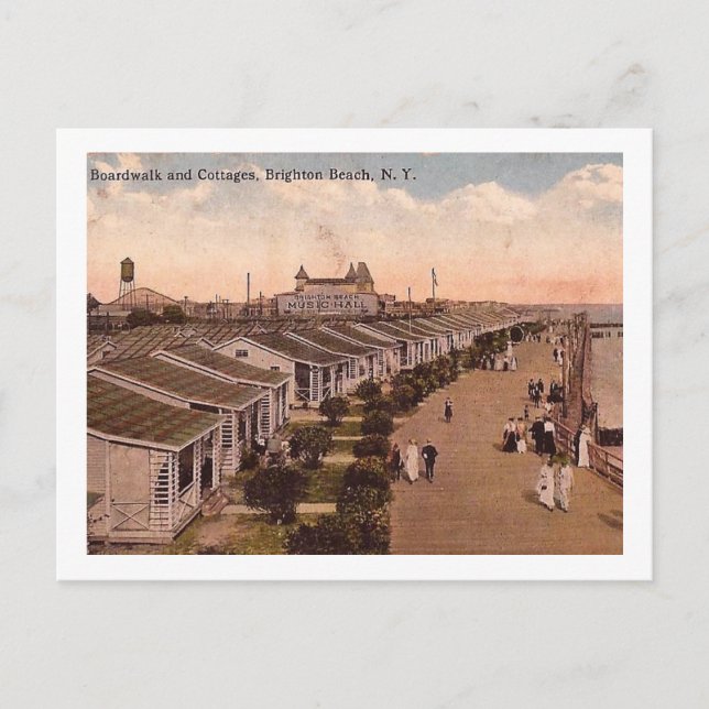 Boardwalk & Hütten, Brighton Beach, NY Vintag Postkarte (Vorderseite)