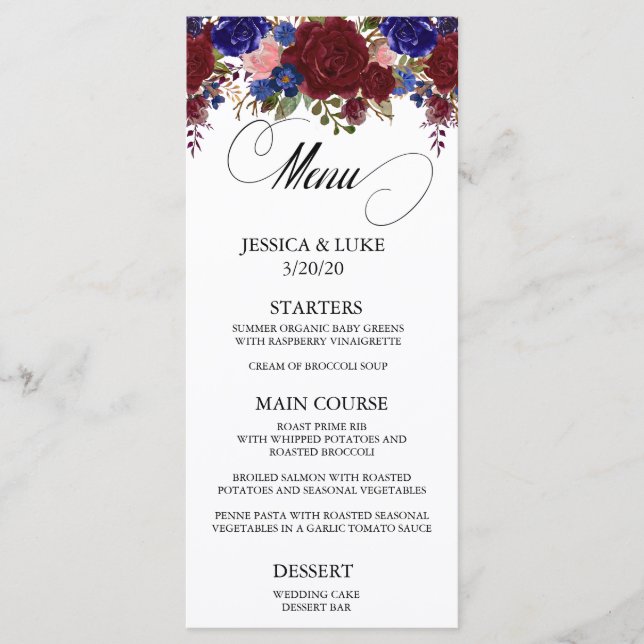 Boavy Burgundy Floral Wedding Calligraphy Menükarte (Vorderseite)